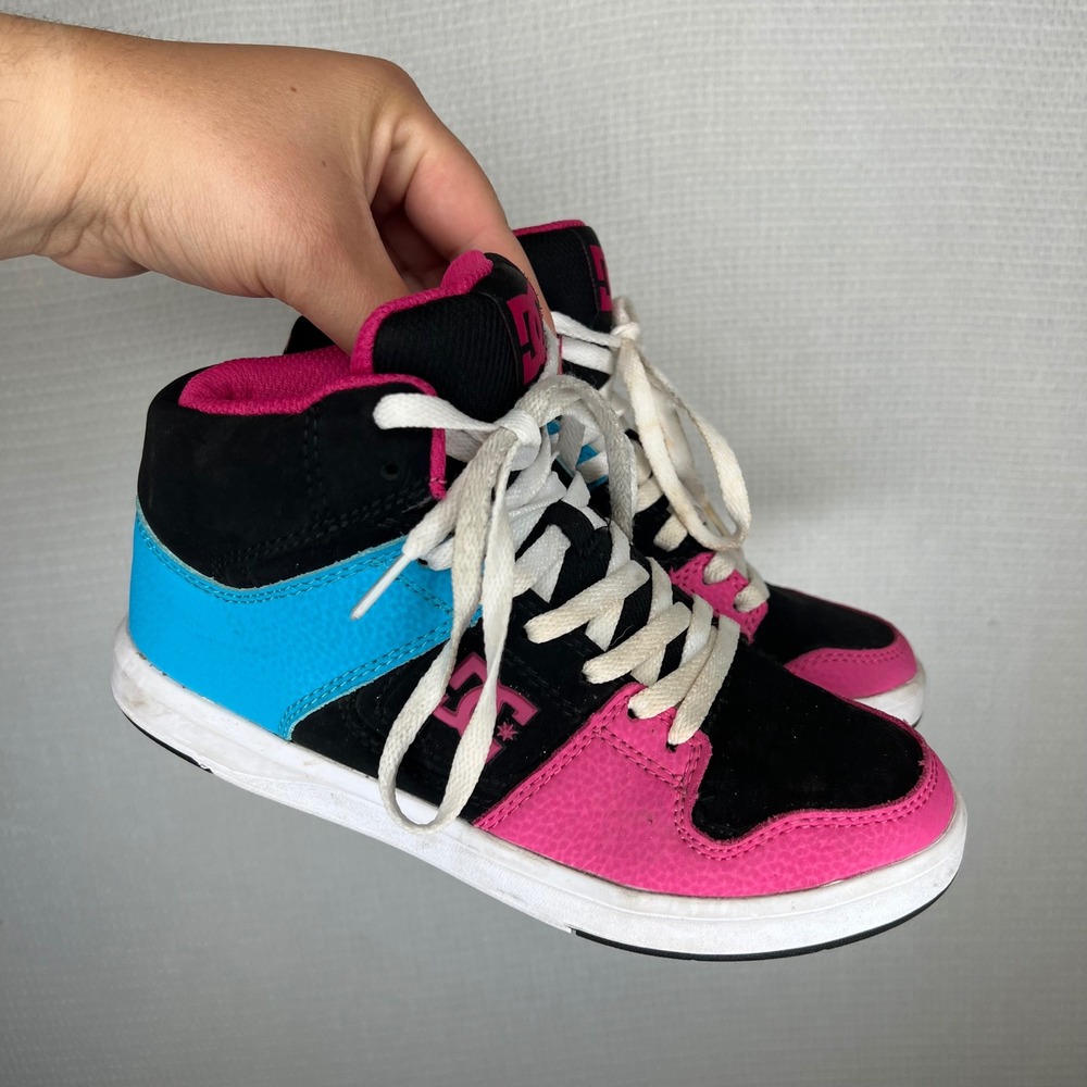 DC Shoes Cure Hi Top Youth 4 Black Pink Blue Leather Skate Sneakers ADGS700034